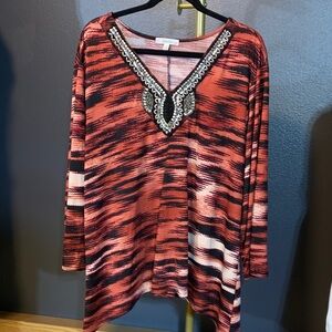Coral and Black Beaded V-Neck Tunic long sleeve stretchy tops size 3x PTP 27